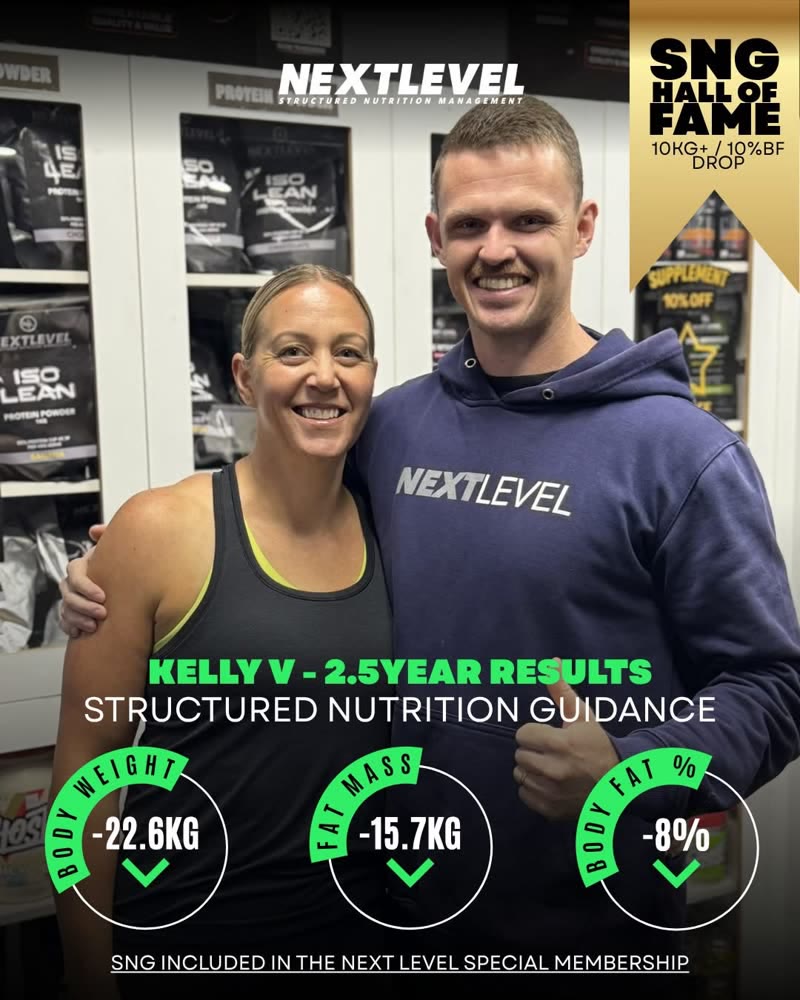 Kelly V, 2.5 year results: -22.6kg body weight, -15.7kg fat mass, -8% body fat